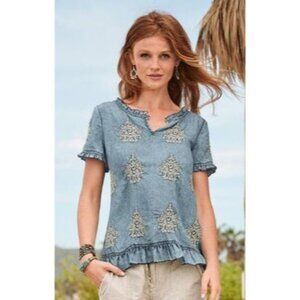 Sundance Soft Chambray S Blue Embroidered Ruffle Top Western Boho Cottage Core